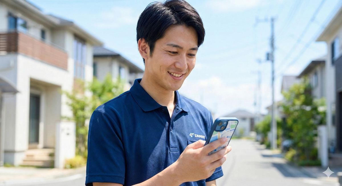 住宅地でスマートフォンを確認するaiポスティングサポーター利用イメージ