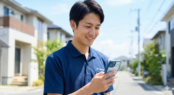 住宅地でスマートフォンを確認するaiポスティングサポーター利用イメージ