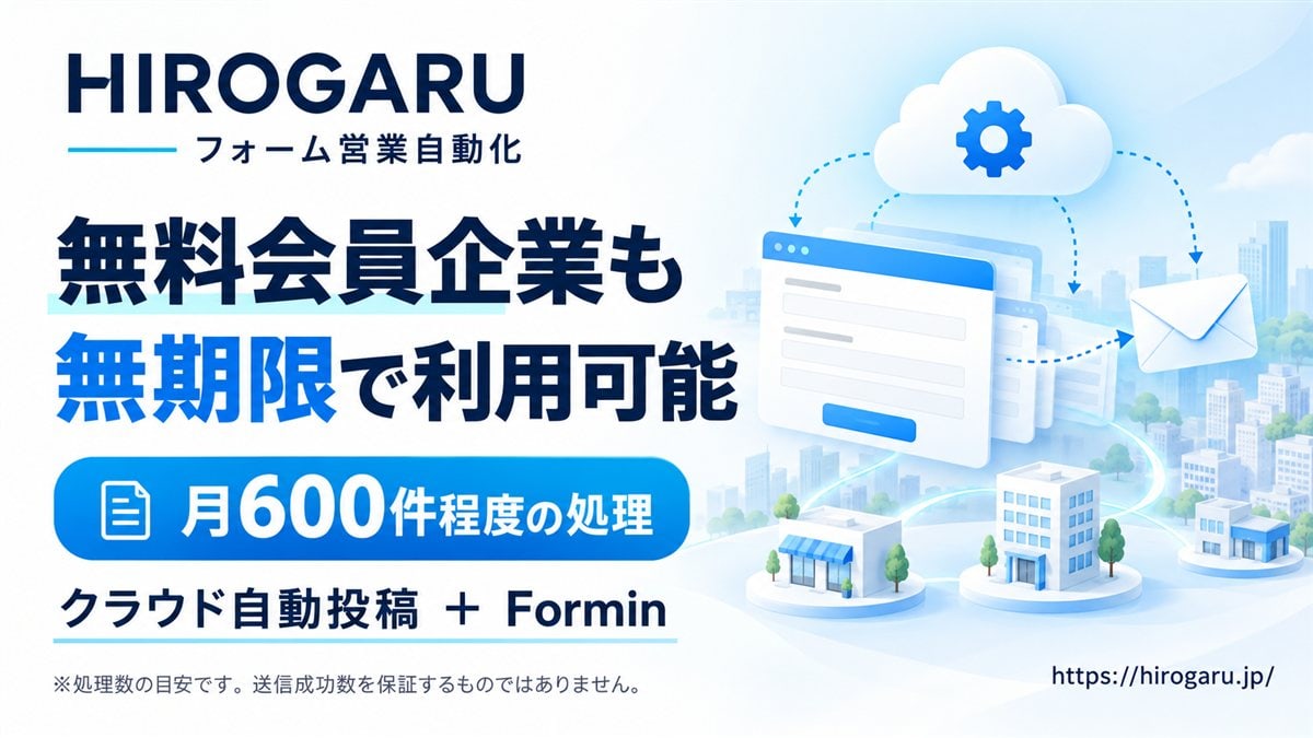 フォーム営業自動化のHIROGARU。無料会員企業も無期限で利用可能。クラウド自動投稿とForminで月600件程度の処理を提供。